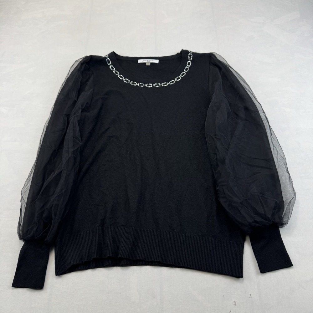 Sioni Milano Womens M Black Rhinestone Neckline Sheer Puff Sleeve Sweater